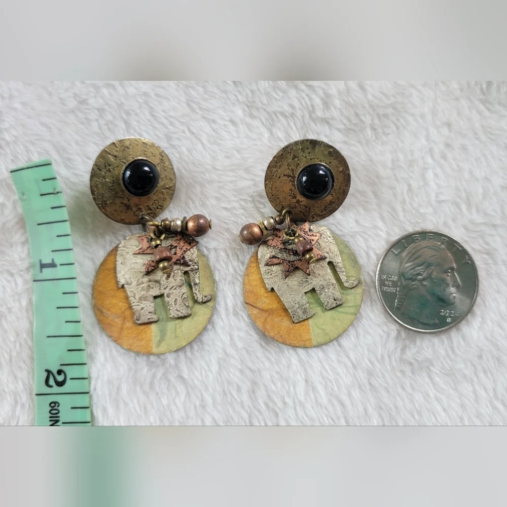 NWOT Artisan Boho Multi Tone Abstract Metal Elephant Disc Drop Earrings - Picture 4 of 5